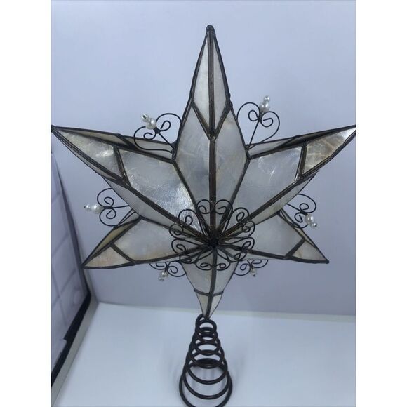 Capiz Shell Star Bronze Metal Filigree Hearts & Pearls Tree Topper 10-1/2" - Picture 11 of 14